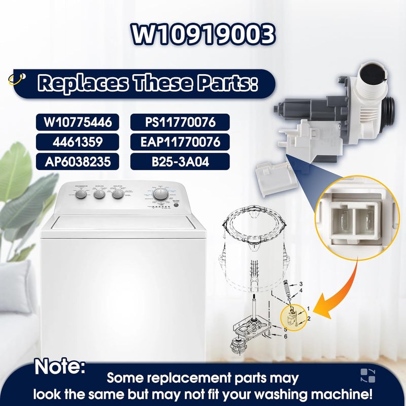 GREALTH W10919003 W10775446 Washer Drain Pump Compatible with Whirlpool Maytag Kenmore Inglis Crosley Amana Admiral Roper, Replace 4461359 AP6038235 PS11770076 EAP11770076 B25-3A04 - Image 4